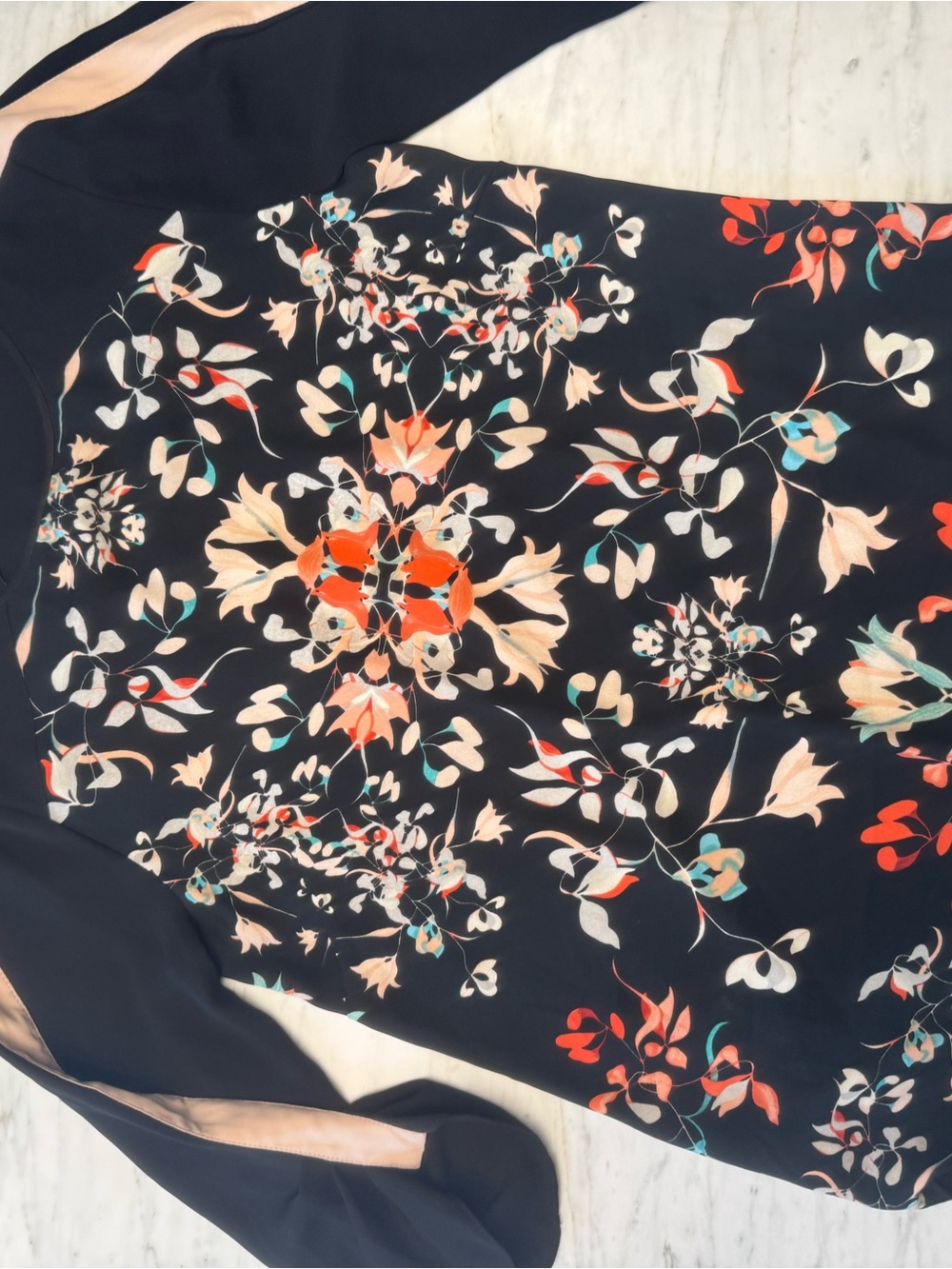 BCBGMaxAzria Navy Floral Long-Sleeve Blouse with Coral and Cream Accents
